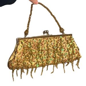 Bijoux Terner gold beaded satin clutch purse